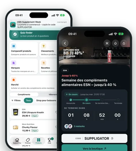 L’app Suppligator sur iPhone : notification au lancement d’une promo et promo en cours avec compte à rebours et code SUPPLIGATOR