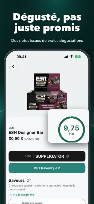 Scores issus des tests de goût et avis de la communauté dans l’app Suppligator