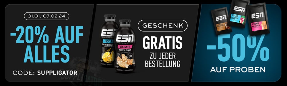 20 % de réduction sur tout chez ESN + 2 shakes prêts à boire offerts