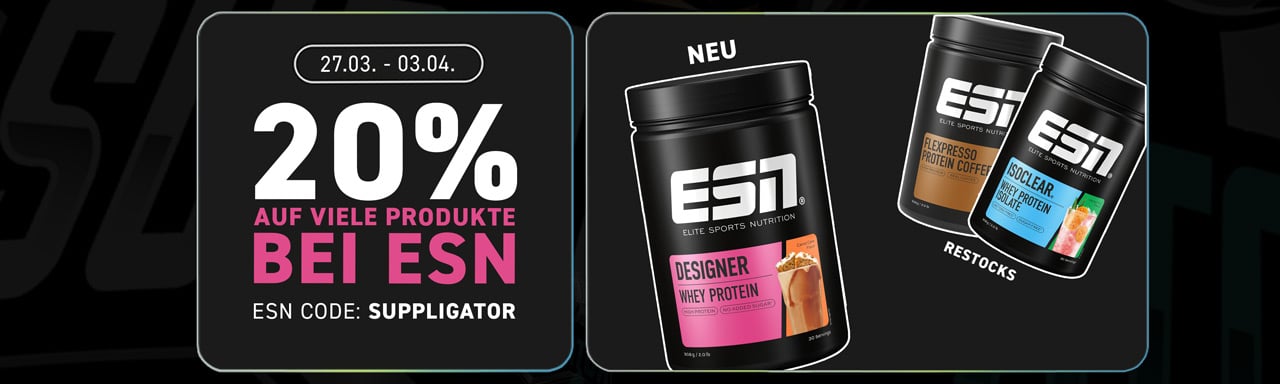 20 % de réduction sur de nombreux produits ESN + lancement du Designer Whey Carrot Cake