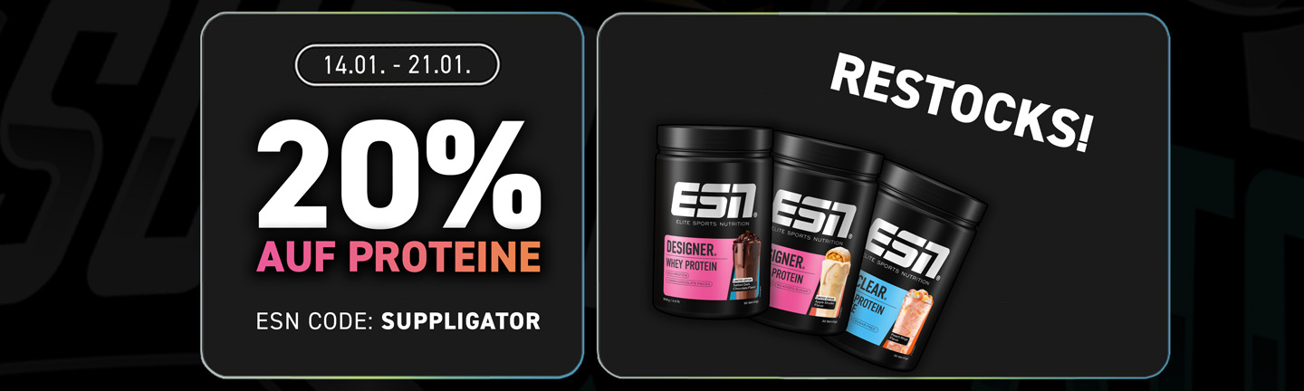 20 % de réduction sur toutes les protéines ESN + les produits les plus populaires de nouveau en stock